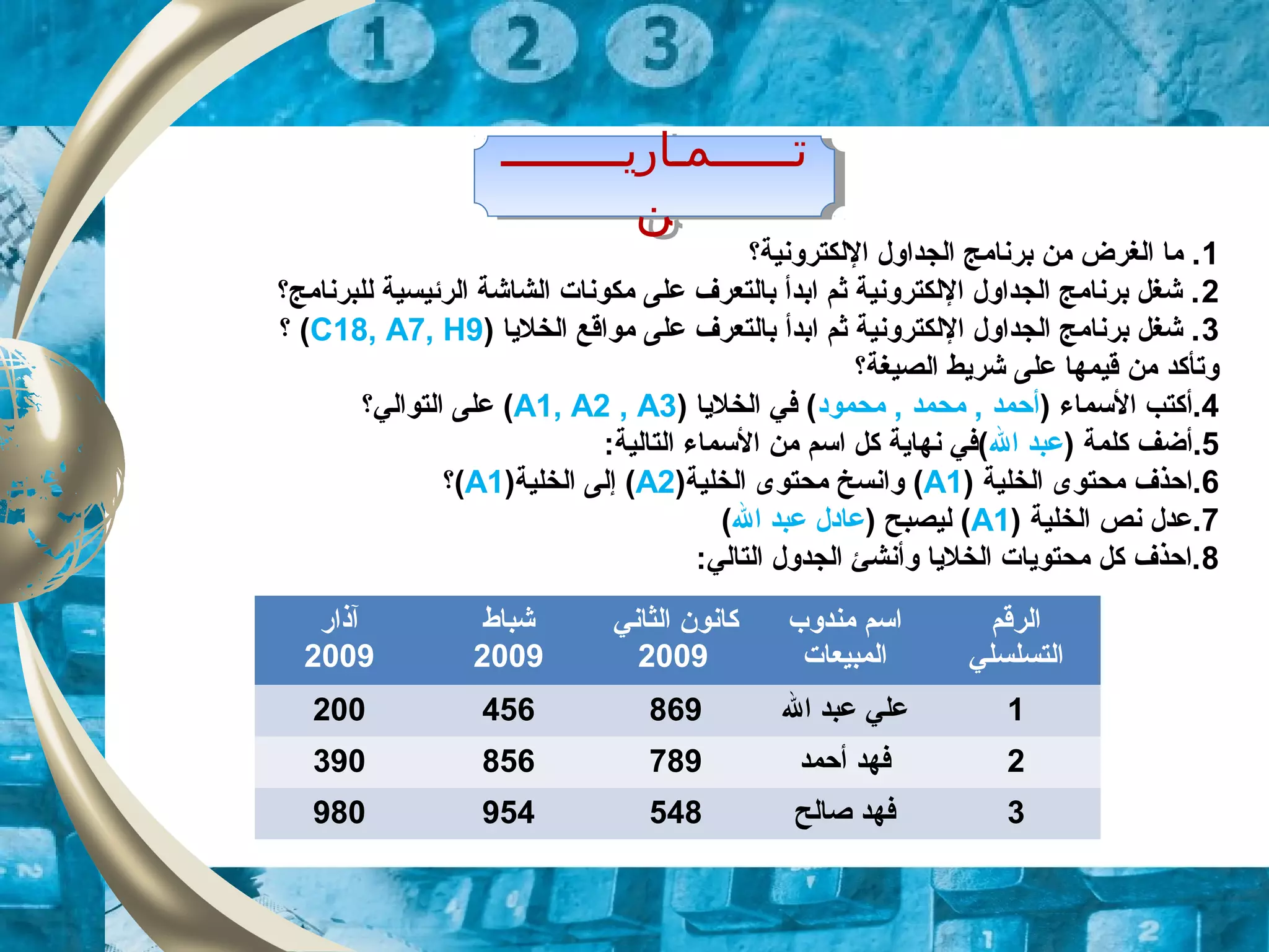 ‫تــــــمـاريـــــــــ‬
‫ن‬
‫تــــــمـاريـــــــــ‬
‫ن‬
1‫اللكترونية؟‬ ‫الجداول‬ ‫برنامج‬ ‫من‬ ‫الغرض‬ ‫ما‬ .
2‫للبرنامج؟‬ ‫الرئيسية‬ ‫الشاشة‬ ‫مكونات‬ ‫على‬ ‫بالتعرف‬ ‫ابدأ‬ ‫ثم‬ ‫اللكترونية‬ ‫الجداول‬ ‫برنامج‬ ‫شغل‬ .
3) ‫الخليا‬ ‫مواقع‬ ‫على‬ ‫بالتعرف‬ ‫ابدأ‬ ‫ثم‬ ‫اللكترونية‬ ‫الجداول‬ ‫برنامج‬ ‫شغل‬ .C18, A7, H9‫؟‬ (
‫الصيغة؟‬ ‫شريط‬ ‫على‬ ‫قيمها‬ ‫من‬ ‫وتأكد‬
4) ‫السماء‬ ‫.أكتب‬‫محمود‬ , ‫محمد‬ , ‫أحمد‬‫الخليا‬ ‫في‬ ()A1, A2 , A3(‫التوالي؟‬ ‫على‬
5) ‫كلمة‬ ‫.أضف‬‫ال‬ ‫عبد‬:‫التالية‬ ‫السماء‬ ‫من‬ ‫اسم‬ ‫كل‬ ‫نهاية‬ ‫(في‬
6‫الخلية‬ ‫محتوى‬ ‫.احذف‬)A1(‫الخلية‬ ‫محتوى‬ ‫وانسخ‬)A2(‫الخلية‬ ‫إلى‬)A1(‫؟‬
7‫الخلية‬ ‫نص‬ ‫.عدل‬)A1() ‫ليصبح‬‫ال‬ ‫عبد‬ ‫عادل‬(
8:‫التالي‬ ‫الجدول‬ ‫وأنشئ‬ ‫الخليا‬ ‫محتويات‬ ‫كل‬ ‫.احذف‬
‫آذار‬
2009
‫شباط‬
2009
‫الثاني‬ ‫كانون‬
2009
‫مندوب‬ ‫اسم‬
‫المبيعات‬
‫الرقم‬
‫التسلسلي‬
200 456 869 ‫ال‬ ‫عبد‬ ‫علي‬ 1
390 856 789 ‫أحمد‬ ‫فهد‬ 2
980 954 548 ‫صالح‬ ‫فهد‬ 3
 