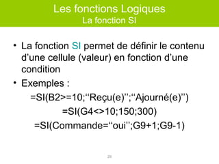 Les fonctions Logiques
La fonction SI

• La fonction SI permet de définir le contenu
d’une cellule (valeur) en fonction d’une
condition
• Exemples :
=SI(B2>=10;‘‘Reçu(e)’’;‘‘Ajourné(e)’’)
=SI(G4<>10;150;300)
=SI(Commande=‘‘oui’’;G9+1;G9-1)
29

 