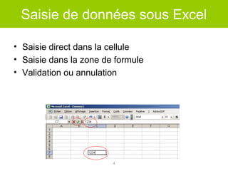 Saisie de données sous Excel
• Saisie direct dans la cellule
• Saisie dans la zone de formule
• Validation ou annulation

4

 