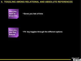 •Saves you lots of time
•F4 key toggles through the different options
6. TOGGLING AMONG RELATIONAL AND ABSOLUTE REFERENCES
How you
use this
feature
Why you
need to
know this
 