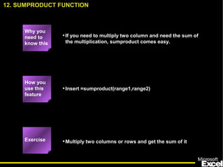 •If you need to multiply two column and need the sum of
the multiplication, sumproduct comes easy.
•Insert =sumproduct(range1,range2)
•Multiply two columns or rows and get the sum of it
12. SUMPRODUCT FUNCTION
Exercise
How you
use this
feature
Why you
need to
know this
 