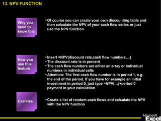 •Of course you can create your own discounting table and
then calculate the NPV of your cash flow series or just
use the NPV function
•Insert =NPV(discount rate,cash flow numbers,...)
•The discount rate is in percent
•The cash flow numbers are either an array or individual
numbers in individual cells
•Attention: The first cash flow number is in period 1, e.g.
the end of the period. If you have for example an initial
investment in period 0, just type =NPV(…)+period 0
payment in your calculation
•Create a list of random cash flows and calculate the NPV
with the NPV function
13. NPV FUNCTION
Exercise
How you
use this
feature
Why you
need to
know this
 