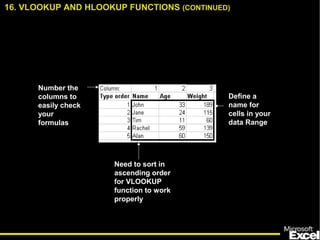 Define a
name for
cells in your
data Range
Number the
columns to
easily check
your
formulas
Need to sort in
ascending order
for VLOOKUP
function to work
properly
16. VLOOKUP AND HLOOKUP FUNCTIONS (CONTINUED)
 