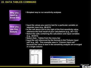 • Simplest way to run sensitivity analyses
• Input the values you want to test for a particular variable on
separate rows (e.g., A6:A13)
• In the cell above and to the right of the first sensitivity value,
reference the final result of your calculations (e.g., A5 = C3)
• Select the cells containing the calculation and input variables
(e.g., A5:B13)
• Select Data : Tables from the menu bar
• Input the cell referenced by the formula in the“Column input
cell”(e.g., A2). This example uses in “Column input cell”
because the value to test in the sensitivity analysis are arranged
in a single column
22. DATA TABLES COMMAND
How you
use this
feature
Why you
need to
know this
 