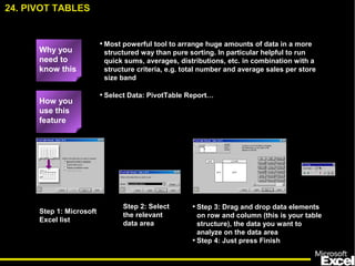 • Most powerful tool to arrange huge amounts of data in a more
structured way than pure sorting. In particular helpful to run
quick sums, averages, distributions, etc. in combination with a
structure criteria, e.g. total number and average sales per store
size band
• Select Data: PivotTable Report…
Step 1: Microsoft
Excel list
Step 2: Select
the relevant
data area
• Step 3: Drag and drop data elements
on row and column (this is your table
structure), the data you want to
analyze on the data area
• Step 4: Just press Finish
24. PIVOT TABLES
How you
use this
feature
Why you
need to
know this
 