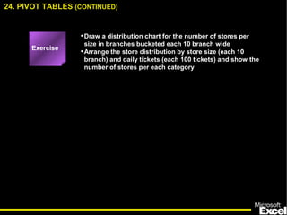 •Draw a distribution chart for the number of stores per
size in branches bucketed each 10 branch wide
•Arrange the store distribution by store size (each 10
branch) and daily tickets (each 100 tickets) and show the
number of stores per each category
24. PIVOT TABLES (CONTINUED)
Exercise
 