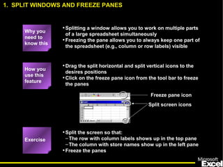•Splitting a window allows you to work on multiple parts
of a large spreadsheet simultaneously
•Freezing the pane allows you to always keep one part of
the spreadsheet (e.g., column or row labels) visible
How you
use this
feature
•Drag the split horizontal and split vertical icons to the
desires positions
•Click on the freeze pane icon from the tool bar to freeze
the panes
Exercise
•Split the screen so that:
–The row with column labels shows up in the top pane
–The column with store names show up in the left pane
•Freeze the panes
Freeze pane icon
Split screen icons
1. SPLIT WINDOWS AND FREEZE PANES
Why you
need to
know this
 