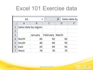 Excel 101 Exercise data
4/19/2011 Microsoft Excel 101 34
 