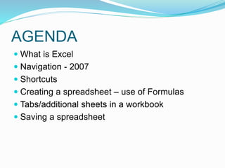 AGENDA 
 What is Excel 
 Navigation - 2007 
 Shortcuts 
 Creating a spreadsheet – use of Formulas 
 Tabs/additional sheets in a workbook 
 Saving a spreadsheet 
 