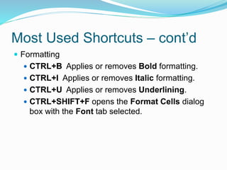 Most Used Shortcuts – cont’d 
 Formatting 
 CTRL+B Applies or removes Bold formatting. 
 CTRL+I Applies or removes Italic formatting. 
 CTRL+U Applies or removes Underlining. 
 CTRL+SHIFT+F opens the Format Cells dialog 
box with the Font tab selected. 
 