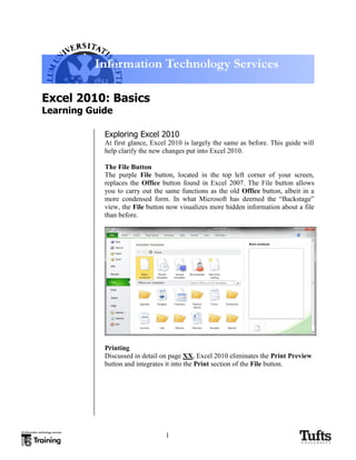 1
Excel 2010: Basics
Learning Guide
Exploring Excel 2010
At first glance, Excel 2010 is largely the same as before. This guide will
help clarify the new changes put into Excel 2010.
The File Button
The purple File button, located in the top left corner of your screen,
replaces the Office button found in Excel 2007. The File button allows
you to carry out the same functions as the old Office button, albeit in a
more condensed form. In what Microsoft has deemed the ―Backstage‖
view, the File button now visualizes more hidden information about a file
than before.
Printing
Discussed in detail on page XX, Excel 2010 eliminates the Print Preview
button and integrates it into the Print section of the File button.
 