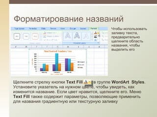 Форматирование названий Чтобы использовать заливку текста, предварительно щелкните область названия, чтобы выделить его Щелкните стрелку кнопки  Text Fill  в группе  WordArt   Styles . Установите указатель на нужном цвете, чтобы увидеть, как изменится название. Если цвет нравится, щелкните его. Меню  Text Fill  также содержит параметры, позволяющие применить для названия градиентную или текстурную заливку 