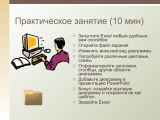 Практическое занятие (10 мин) Запустите  Excel  любым удобным вам способом Откройте файл задания Изменить внешний вид диаграммы Попробуйте различные цветовые схемы  Отформатируйте заголовки, столбцы, другие области диаграммы Добавьте диаграмму в презентацию  PowerPoint Бонус: создайте круговую диаграмму и сохраните ее как шаблон Закройте  Excel 