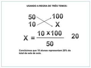 USANDO A REGRA DE TRÊS TEMOS:




Concluímos que 10 alunos representam 20% do
total da sala de aula.
 
