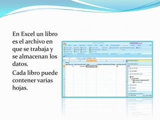 En Excel un libro es el archivo en que se trabaja y se almacenan los datos.Cada libro puede contener varias hojas.