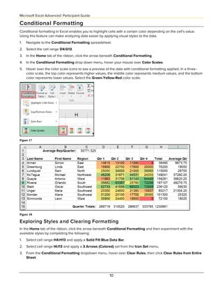 Microsoft Excel Advanced: Participant Guide
10
Conditional Formatting
Conditional formatting in Excel enables you to highl...