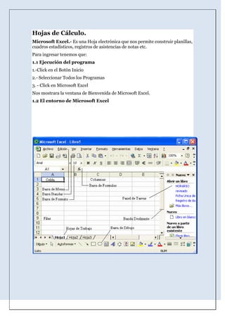Hojas de Cálculo.<br />Microsoft Excel.- Es una Hoja electrónica que nos permite construir planillas, cuadros estadísticos, registros de asistencias de notas etc.<br />Para ingresar tenemos que:<br />1.1 Ejecución del programa<br />1.-Click en el Botón Inicio<br />2.- Seleccionar Todos los Programas<br />3. - Click en Microsoft Excel<br />Nos mostrara la ventana de Bienvenida de Microsoft Excel.<br />1.2 El entorno de Microsoft Excel<br />