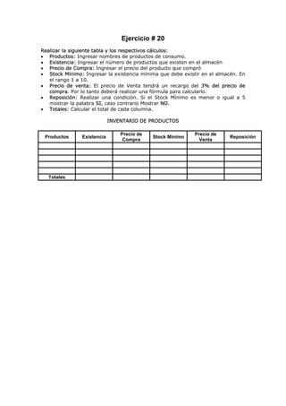 Ejercicio # 20
Realizar la siguiente tabla y los respectivos cálculos:
• Productos: Ingresar nombres de productos de consumo.
• Existencia: Ingresar el número de productos que existen en el almacén
• Precio de Compra: Ingresar el precio del producto que compró
• Stock Mínimo: Ingresar la existencia mínima que debe existir en el almacén. En
   el rango 1 a 10.
• Precio de venta: El precio de Venta tendrá un recargo del 3% del precio de
   compra. Por lo tanto deberá realizar una fórmula para calcularlo.
• Reposición: Realizar una condición. Si el Stock Mínimo es menor o igual a 5
   mostrar la palabra SI, caso contrario Mostrar NO.
• Totales: Calcular el total de cada columna.

                             INVENTARIO DE PRODUCTOS

                                 Precio de                  Precio de
 Productos      Existencia                   Stock Mínimo                Reposición
                                  Compra                      Venta




  Totales
 