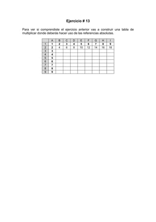 Ejercicio # 13

Para ver si comprendiste el ejercicio anterior vas a construir una tabla de
multiplicar donde deberás hacer uso de las referencias absolutas.

                   A    B    C    D   E    F    G    H     I
              1    1    2    3    4   5    6    7    8    9
              2    2    4    6    8   10   12   14   16   18
              3    3
              4    4
              5    5
              6    6
              7    7
              8    8
              9    9
 