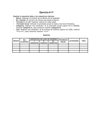 Ejercicio # 17
Realizar la siguiente tabla y los respectivos cálculos:
- Banco: Ingresar el nombre de un Banco de la localidad.
- No. Clientes: El número de cliente que posee el Banco.
- Trimestre I, II, III: Ingresar valores en cada celda.
-   Promedio Anual: Calcular el promedio anual en base a los tres trimestres.
- Categoría: Realizar una condición. Si el promedio anual supera los $ 500000,
   mostrar Categoría A, caso contrario mostrar Categoría B.
- Tipo: Realizar una condición. Si el número de clientes supera los 3500, mostrar
   “+++++”, caso contrario mostrar “+++”

                                    BANCOS


           NO.      DÉPOSITOS EN CAJA DE AHORRO        PROMEDIO
BANCO                   I          II          III                  CATEGORÍA       TIPO
        CLIENTES                                         ANUAL
                    TRIMESTRE   TRIMESTE   TRIMESTRE
 