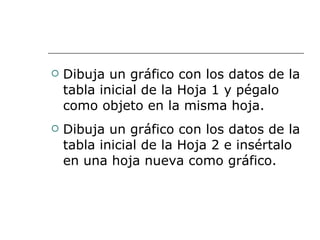 Dibuja un gráfico con los datos de la tabla inicial de la Hoja 1 y pégalo como objeto en la misma hoja. Dibuja un gráfico con los datos de la tabla inicial de la Hoja 2 e insértalo en una hoja nueva como gráfico. 
