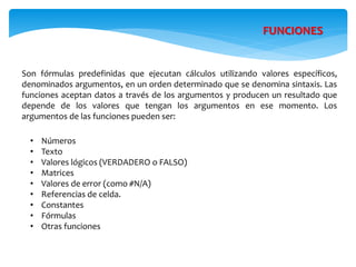 FUNCIONES
Son fórmulas predefinidas que ejecutan cálculos utilizando valores específicos,
denominados argumentos, en un orden determinado que se denomina sintaxis. Las
funciones aceptan datos a través de los argumentos y producen un resultado que
depende de los valores que tengan los argumentos en ese momento. Los
argumentos de las funciones pueden ser:
• Números
• Texto
• Valores lógicos (VERDADERO o FALSO)
• Matrices
• Valores de error (como #N/A)
• Referencias de celda.
• Constantes
• Fórmulas
• Otras funciones
 