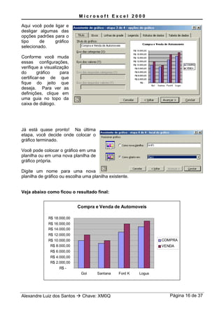 M i c r o s o f t E x c e l 2 0 0 0
Aqui você pode ligar e
desligar algumas das
opções padrões para o
tipo de gráfico
selecionado.
Conforme você muda
essas configurações,
verifique a visualização
do gráfico para
certificar-se de que
fique do jeito que
deseja. Para ver as
definições, clique em
uma guia no topo da
caixa de diálogo.
Já está quase pronto! Na última
etapa, você decide onde colocar o
gráfico terminado.
Você pode colocar o gráfico em uma
planilha ou em uma nova planilha de
gráfico própria.
Digite um nome para uma nova
planilha de gráfico ou escolha uma planilha existente.
Veja abaixo como ficou o resultado final:
Compra e Venda de Automoveis
R$ -
R$ 2.000,00
R$ 4.000,00
R$ 6.000,00
R$ 8.000,00
R$ 10.000,00
R$ 12.000,00
R$ 14.000,00
R$ 16.000,00
R$ 18.000,00
Gol Santana Ford K Logus
COMPRA
VENDA
Alexandre Luiz dos Santos  Chave: XM0Q Página 16 de 37
 