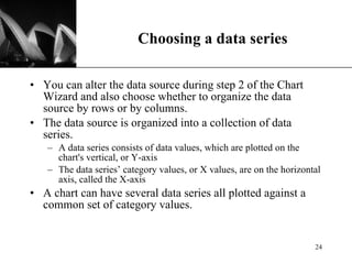 Choosing a data series You can alter the data source during step 2 of the Chart Wizard and also choose whether to organize the data source by rows or by columns.  The data source is organized into a collection of data series.  A data series consists of data values, which are plotted on the chart's vertical, or Y-axis  The data series’ category values, or X values, are on the horizontal axis, called the X-axis A chart can have several data series all plotted against a common set of category values. 