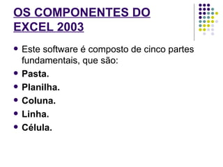 OS COMPONENTES DO EXCEL 2003   Este software é composto de cinco partes fundamentais, que são: Pasta. Planilha. Coluna. Linha. Célula. 