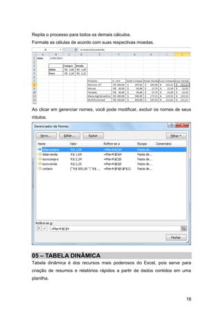 Repita o processo para todos os demais cálculos.
Formate as células de acordo com suas respectivas moedas.




Ao clicar em gerenciar nomes, você pode modificar, excluir os nomes de seus
rótulos.




05 – TABELA DINÂMICA
Tabela dinâmica é dos recursos mais poderosos do Excel, pois serve para
criação de resumos e relatórios rápidos a partir de dados contidos em uma
planilha.



                                                                        18
 