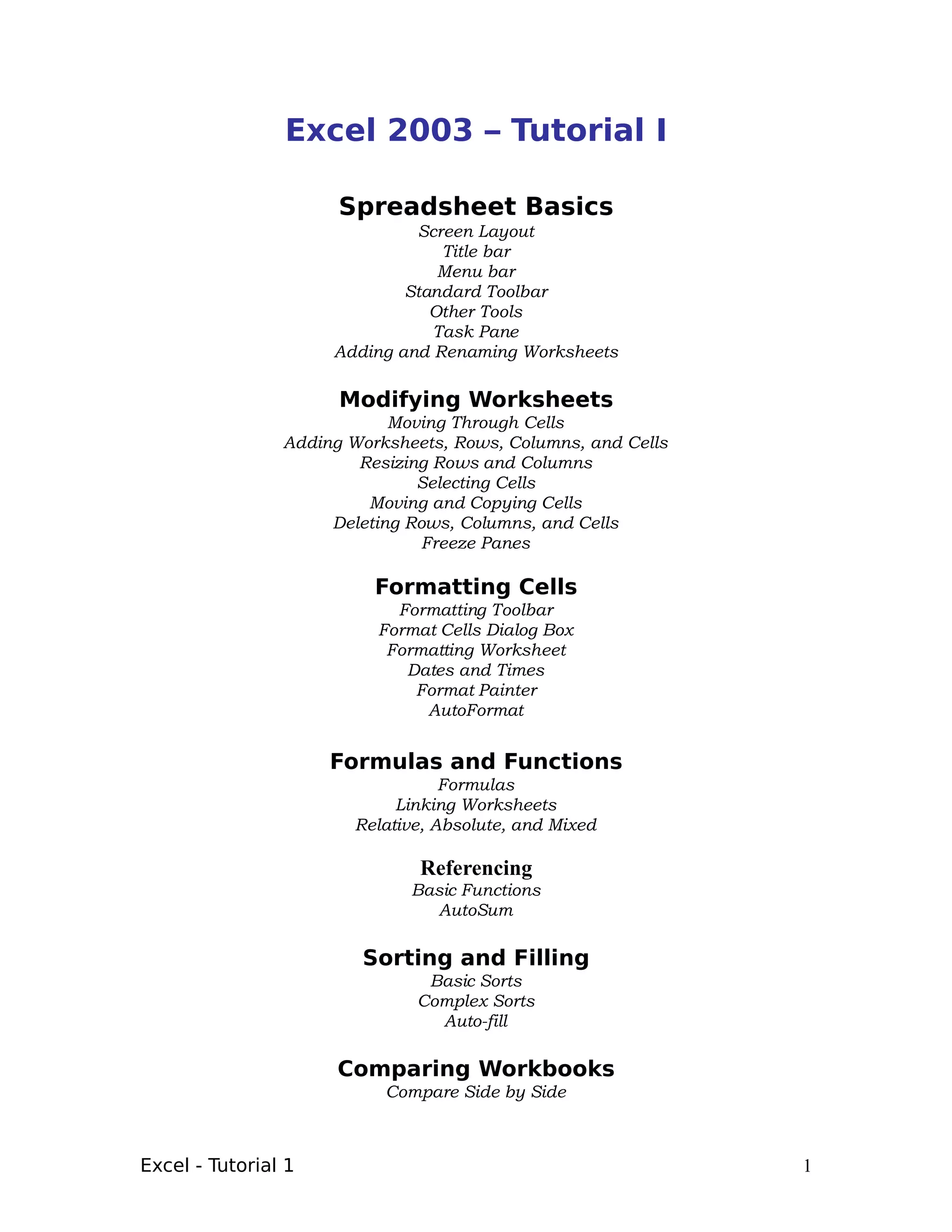 Excel 2003 – Tutorial I

                      Spreadsheet Basics
                              Screen Layout
                                 Title bar
                                 Menu bar
                             Standard Toolbar
                                Other Tools
                                Task Pane
                     Adding and Renaming Worksheets

                      Modifying Worksheets
                            Moving Through Cells
                Adding Worksheets, Rows, Columns, and Cells
                        Resizing Rows and Columns
                               Selecting Cells
                         Moving and Copying Cells
                     Deleting Rows, Columns, and Cells
                                Freeze Panes

                          Formatting Cells
                            Formatting Toolbar
                          Format Cells Dialog Box
                           Formatting Worksheet
                             Dates and Times
                              Format Painter
                               AutoFormat


                     Formulas and Functions
                                   Formulas
                             Linking Worksheets
                        Relative, Absolute, and Mixed

                               Referencing
                              Basic Functions
                                AutoSum

                        Sorting and Filling
                                Basic Sorts
                               Complex Sorts
                                 Auto-fill

                      Comparing Workbooks
                           Compare Side by Side



Excel - Tutorial 1                                            1
 