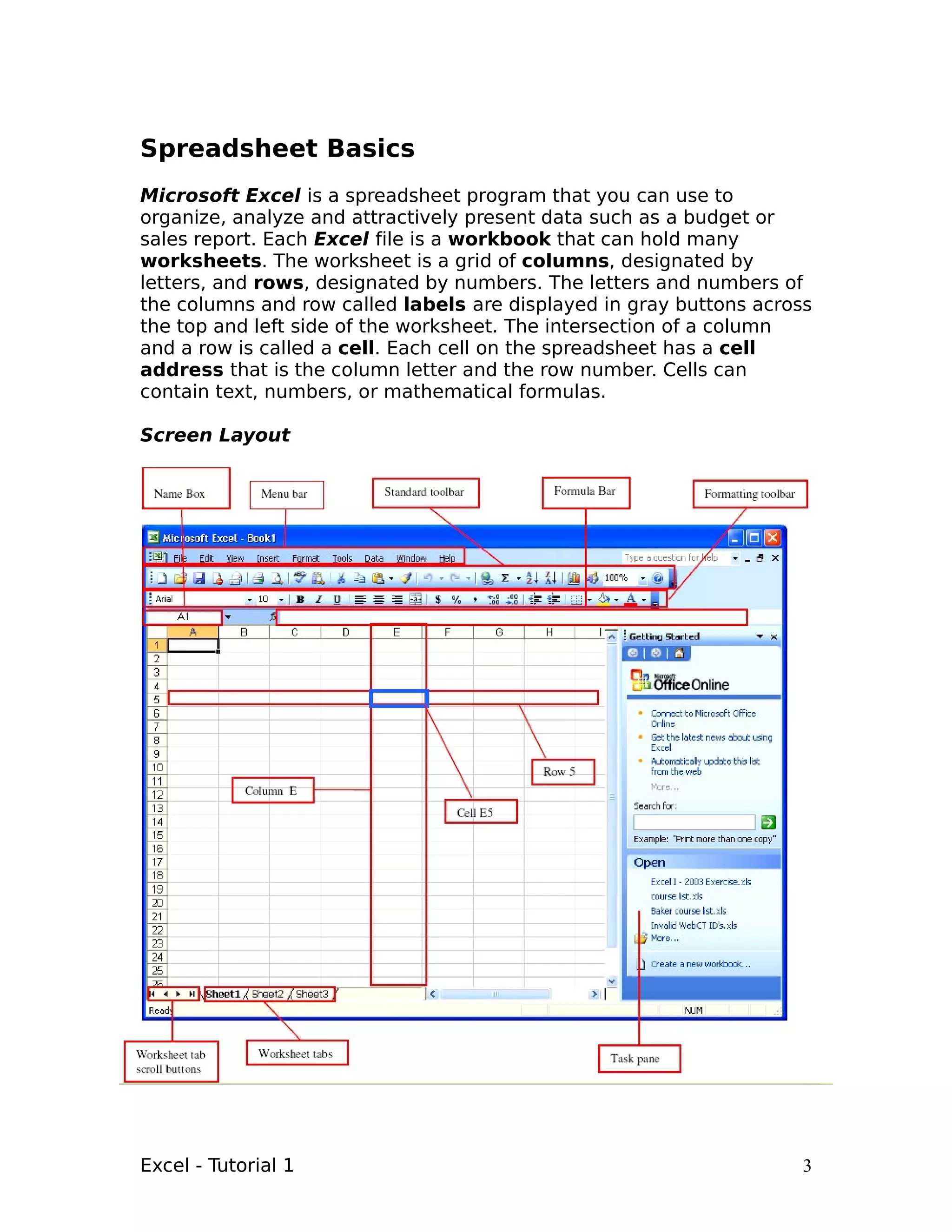 Spreadsheet Basics
Microsoft Excel is a spreadsheet program that you can use to
organize, analyze and attractively present data such as a budget or
sales report. Each Excel file is a workbook that can hold many
worksheets. The worksheet is a grid of columns, designated by
letters, and rows, designated by numbers. The letters and numbers of
the columns and row called labels are displayed in gray buttons across
the top and left side of the worksheet. The intersection of a column
and a row is called a cell. Each cell on the spreadsheet has a cell
address that is the column letter and the row number. Cells can
contain text, numbers, or mathematical formulas.

Screen Layout




Excel - Tutorial 1                                                   3
 