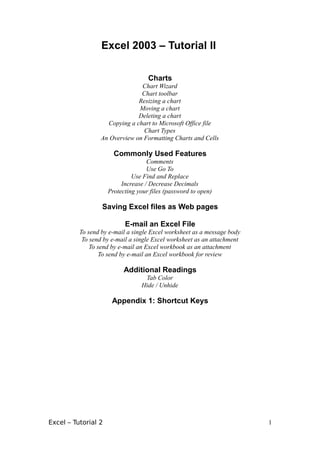 Excel 2003 – Tutorial II

                                    Charts
                                Chart Wizard
                                Chart toolbar
                               Resizing a chart
                               Moving a chart
                               Deleting a chart
                    Copying a chart to Microsoft Office file
                                 Chart Types
                  An Overview on Formatting Charts and Cells

                       Commonly Used Features
                                    Comments
                                    Use Go To
                              Use Find and Replace
                          Increase / Decrease Decimals
                     Protecting your files (password to open)

                  Saving Excel files as Web pages

                           E-mail an Excel File
          To send by e-mail a single Excel worksheet as a message body
           To send by e-mail a single Excel worksheet as an attachment
              To send by e-mail an Excel workbook as an attachment
                 To send by e-mail an Excel workbook for review

                           Additional Readings
                                  Tab Color
                                 Hide / Unhide

                      Appendix 1: Shortcut Keys




Excel – Tutorial 2                                                       1
 