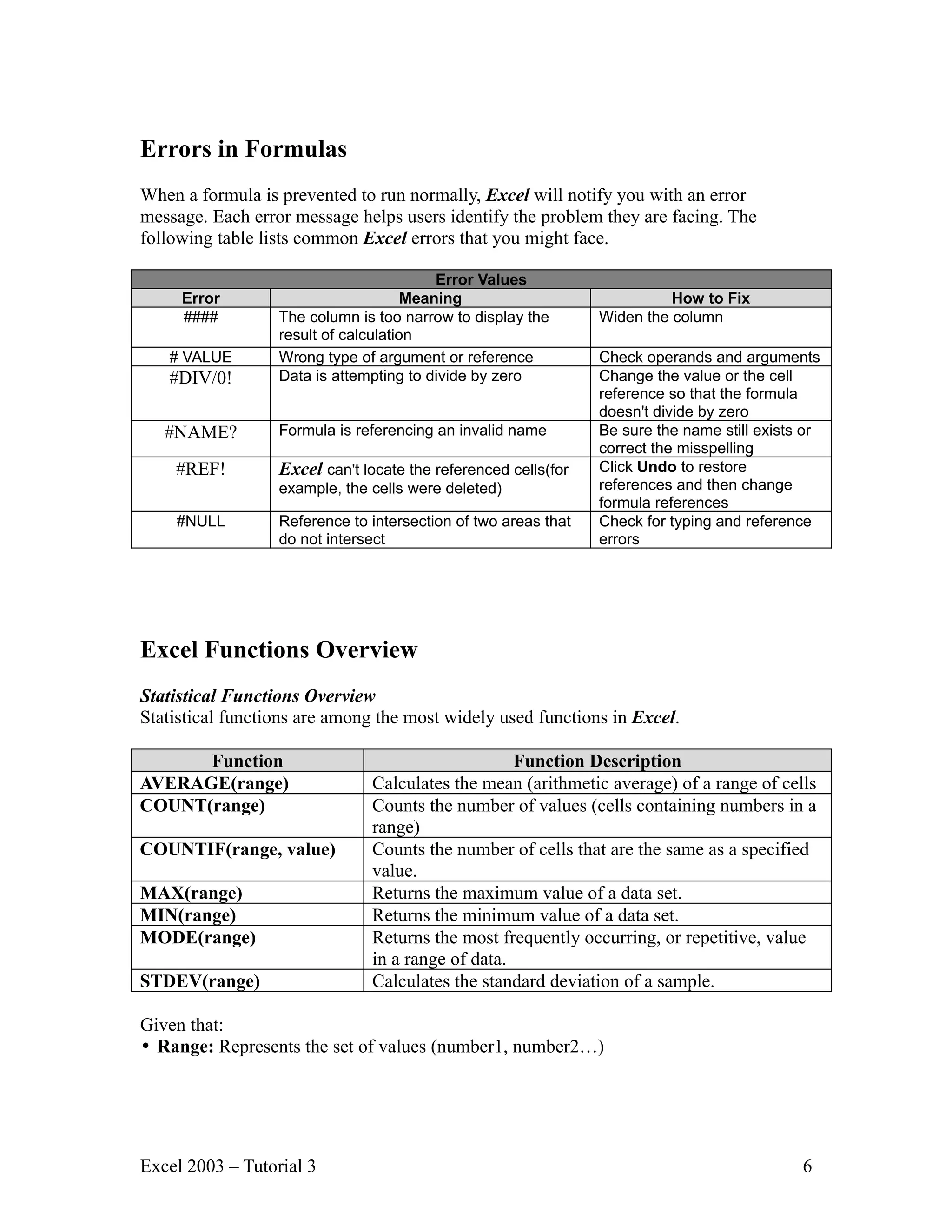 Errors in Formulas When a formula is prevented to run normally, Excel will notify you with an error message. Each error message helps users identify the problem they are facing. The following table lists common Excel errors that you might face. Error Values Error Meaning How to Fix #### The column is too narrow to display the Widen the column result of calculation # VALUE Wrong type of argument or reference Check operands and arguments #DIV/0! Data is attempting to divide by zero Change the value or the cell reference so that the formula doesn't divide by zero #NAME? Formula is referencing an invalid name Be sure the name still exists or correct the misspelling #REF! Excel can't locate the referenced cells(for Click Undo to restore example, the cells were deleted) references and then change formula references #NULL Reference to intersection of two areas that Check for typing and reference do not intersect errors Excel Functions Overview Statistical Functions Overview Statistical functions are among the most widely used functions in Excel. Function Function Description AVERAGE(range) Calculates the mean (arithmetic average) of a range of cells COUNT(range) Counts the number of values (cells containing numbers in a range) COUNTIF(range, value) Counts the number of cells that are the same as a specified value. MAX(range) Returns the maximum value of a data set. MIN(range) Returns the minimum value of a data set. MODE(range) Returns the most frequently occurring, or repetitive, value in a range of data. STDEV(range) Calculates the standard deviation of a sample. Given that: • Range: Represents the set of values (number1, number2…) Excel 2003 – Tutorial 3 6 