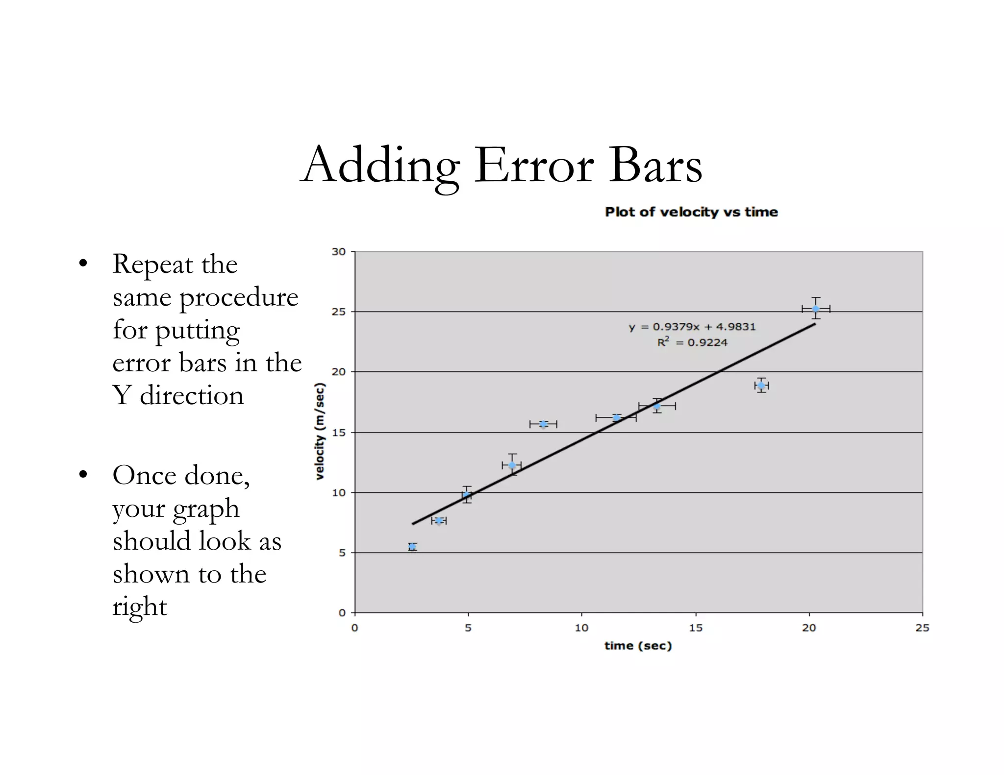 Adding Error Bars
• Repeat the
  same procedure
  for putting
  error bars in the
  Y direction

• Once done,
  your graph
  should look as
  shown to the
  right
 