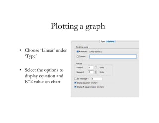Plotting a graph

• Choose ‘Linear’ under
  ‘Type’

• Select the options to
  display equation and
  R^2 value on chart
 