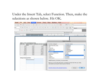 Under the Insert Tab, select Function. Then, make the
selections as shown below. Hit OK.
 