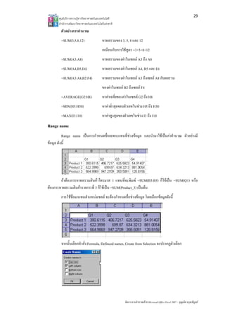 29
       ศูนยบริการความรูทางวิทยาศาสตรและเทคโนโลยี
       สํานักงานพัฒนาวิทยาศาสตรและเทคโนโลยีแหงชาติ 

        ตัวอยางการคํานวณ
        =SUM(3,5,8,12)                     หาผลรวมของ 3, 5, 8 และ 12
                                           เหมือนกับการใชสูตร =3+5+8+12
        =SUM(A3:A8)                        หาผลรวมของคาในเซลล A3 ถึง A8
        =SUM(A4,B5,E6)                     หาผลรวมของคาในเซลล A4, B5 และ E6
        =SUM(A3:A8,B2:F4)                  หาผลรวมของคาในเซลล A3 ถึงเซลล A8 กับผลรวม
                                           ของคาในเซลล B2 ถึงเซลล F4
        =AVERAGE(G2:H8)                    หาคาเฉลี่ยของคาในเซลล G2 ถึง H8
        =MIN(H5:H30)                       หาคาต่ําสุดของตัวเลขในชวง H5 ถึง H30
        =MAX(I3:I10)                       หาคาสูงสุดของตัวเลขในชวง I3 ถึง I10
Range name
          Range name เปนการกําหนดชื่อเฉพาะแทนที่ชวงขอมูล และนํามาใชเปนคาคํานวณ ตัวอยางมี
ขอมูล ดังนี้




        ถาตองการหาผลรวมสินคาไตรมาส 1 แทนที่จะพิมพ =SUM(B3:B5) ก็ใชเปน =SUM(Q1) หรือ
ตองการหาผลรวมสินคารายการที่ 3 ก็ใชเปน =SUM(Product_3) เปนตน
        การใชชื่อมาแทนตําแหนงเซลล จะตองกําหนดชื่อชวงขอมูล โดยเลือกขอมูลดังนี้




        จากนั้นเลือกคําสั่ง Formula, Definced names, Create from Selection จะปรากฏตัวเลือก




                                                          จัดการงานคํานวณดวย Microsoft Office Excel 2007 – บุญเลิศ อรุณพิบูลย
 