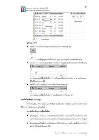 64
       ศูนยบริการความรูทางวิทยาศาสตรและเทคโนโลยี
       สํานักงานพัฒนาวิทยาศาสตรและเทคโนโลยีแหงชาติ 




                                                                                                  Output Area

                                           Data Source




                                    Criteria Area
         รูปแบบเงื่อนไข
         • หลายเงื่อนไขในคอลัมนเดียวกัน เปนการเชื่อมเงื่อนไขดวย OR เชน




                     กรองขอมูลบุคคลที่มีชื่อขึ้นตนดวย “ก” รวมกับบุคคลที่มีชื่อขึ้นตนดวย “จ”
         • หลายเงื่อนไข แตแยกคอลัมน เปนการเชื่อมเงื่อนไขดวย OR เชนกัน แตมีเงื่อนไขยอยเชื่อมกัน




           กรองขอมูลบุคคลที่ชื่อขึ้นตนดวย “ก” รวมกับบุคคลที่นามสกุลขึ้นตนดวย “ล” รวมกับบุคคล
           ที่มีภูมิลําเนาในภาค “ใต”
         • หลายเงื่อนไขในแถวเดียวกัน เปนการเชื่อมเงื่อนดวย AND เชน



              กรองขอมูลบุคคลที่ชื่อขึ้นตนดวย “ก” และตองมีภูมิลําเนาในภาค “ใต”
การจัดเรียงขอมูล (Sorting)
       การจัดเรียงขอมูล เปนการนําขอมูลมาจัดลําดับโดยมีเงื่อนไขวาเรียงดวยคามากไปหานอย หรือนอย
ไปหามาก ซึ่งมีรูปแบบการจัดเรียงดังนี้
         การจัดเรียงขอมูลแบบเงื่อนไขเดียว
         • ปอนขอมูลลง Worksheet โดยแบงขอมูลเปนคอลัมน และรายการเนื้อความเปนแถว ทั้งนี้
           รายการเนื้อความรายการแรก ควรอยูติดกับหัวเรื่อง (ลักษณะเดียวกับตัวอยางการกรองขอมูล)
         • นํา Cell Pointer ไปคลิกในคอลัมนท่ตองการใชเปนหลักในการจัดเรียง เชนถาตองการจัดเรียง
                                             ี
           ตามชื่อ ก็นาไปคลิกในคอลัมนชื่อ
                      ํ

                                                         จัดการงานคํานวณดวย Microsoft Office Excel 2007 – บุญเลิศ อรุณพิบูลย
 