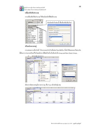 68
       ศูนยบริการความรูทางวิทยาศาสตรและเทคโนโลยี
       สํานักงานพัฒนาวิทยาศาสตรและเทคโนโลยีแหงชาติ 

        เปลี่ยนฟงกชันคํานวณ
        การเปลี่ยนฟงกชันคํานวณ ใหดับเบิลคลิกที่ฟลดคํานวณ

                                                        ดับเบิลคลิกในชองนี้ เพื่อเลือกฟงกชันใหม




        ปรับแตงหมวดหมู
         การแสดงตารางดวยวันที่ โปรแกรมจะนําคาวันที่แตละวันมาจัดเรียง ซึ่งทําใหผลออกมาไมตรงกับ
ที่ตองการ สามารถปรับแกไขโดยคลิกขวาที่ฟลดวันที่ แลวเลือกคําสั่ง Group and Show Detail, Group…
    




        เลือกการจัดหมวดหมูในรายการ By เปน Year แลวคลิกปุม OK




                                                              จัดการงานคํานวณดวย Microsoft Office Excel 2007 – บุญเลิศ อรุณพิบูลย
 