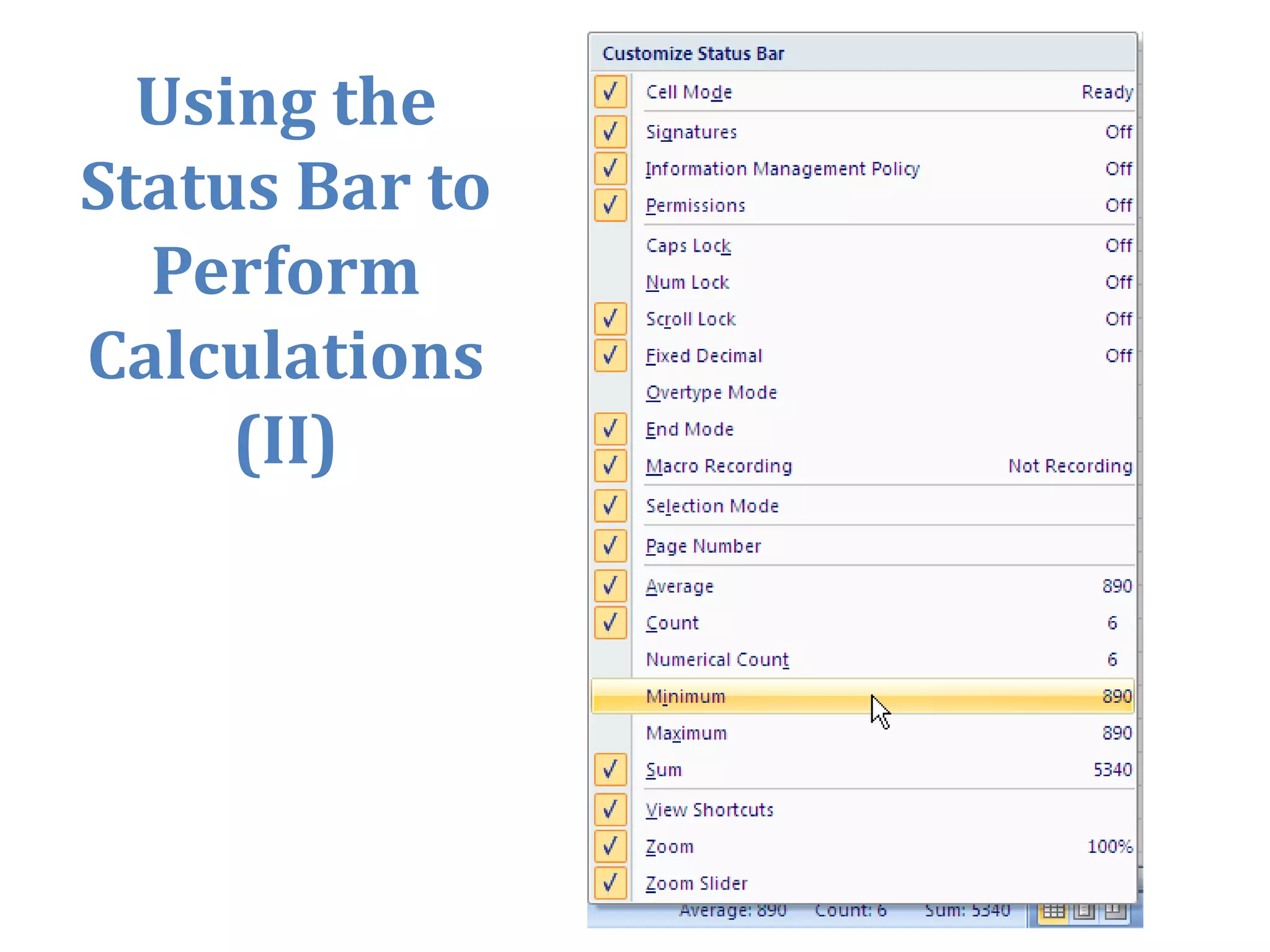Using ZoomTo change the zoom level, use the slider on Excel’s status bar. To increase the zoom level, click the + symbol. To decrease the zoom level, click the – symbol. You can also drag the slider to the desired zoom level.
