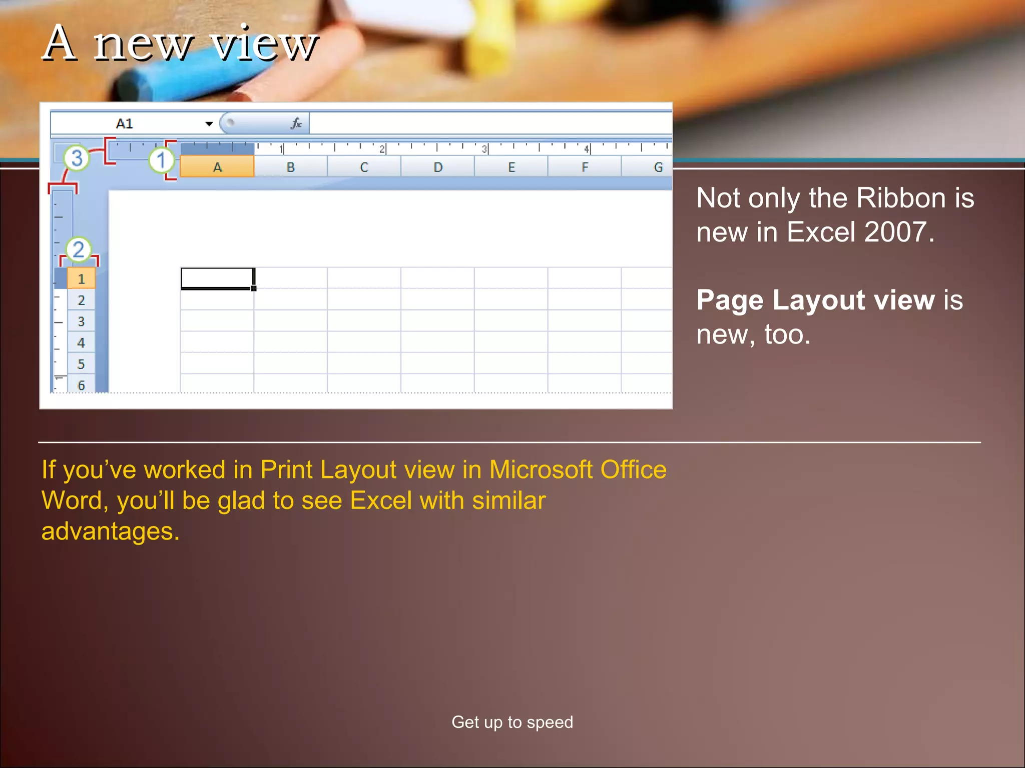 A new view Get up to speed Not only the Ribbon is new in Excel 2007.  Page Layout view  is new, too.  If you’ve worked in Print Layout view in Microsoft Office Word, you’ll be glad to see Excel with similar advantages.   