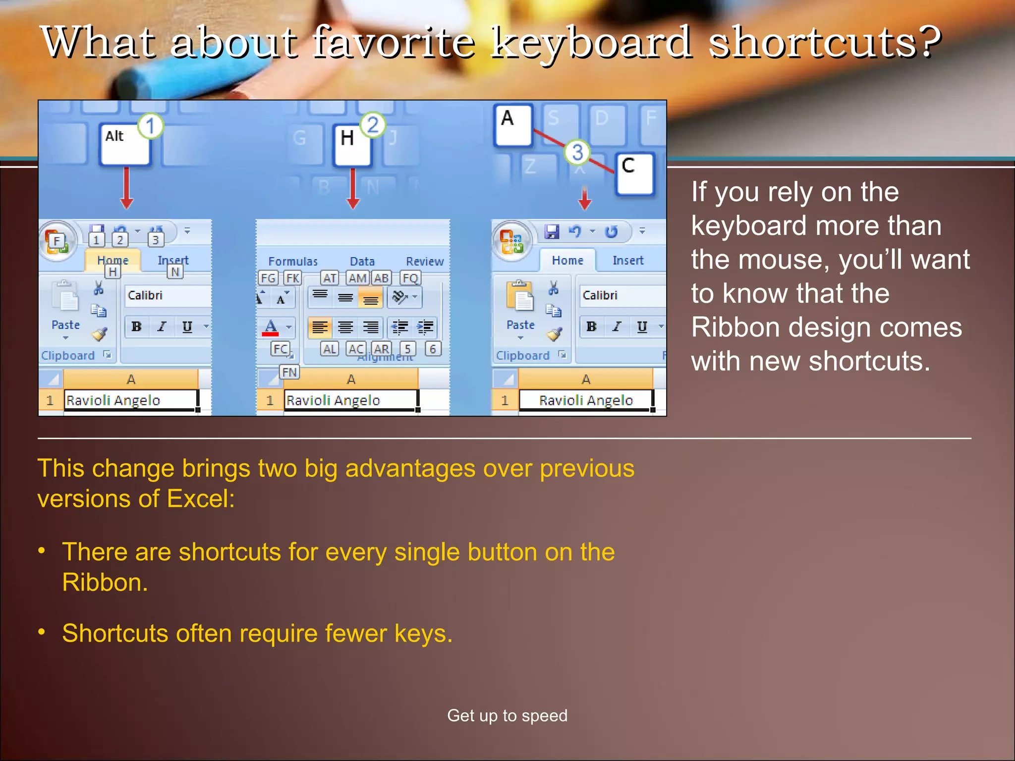 What about favorite keyboard shortcuts?  Get up to speed If you rely on the keyboard more than the mouse, you’ll want to know that the Ribbon design comes with new shortcuts. There are shortcuts for every single button on the Ribbon. Shortcuts often require fewer keys.  This change brings two big advantages over previous versions of Excel: 