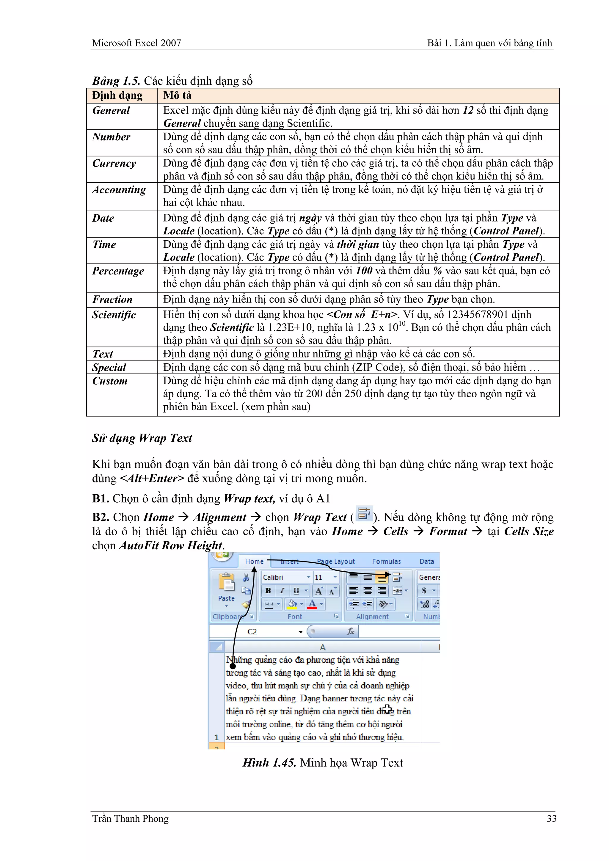 Microsoft Excel 2007                                                     Bài 1. Làm quen với bảng tính


Bảng 1.5. Các kiểu định dạng số
Định dạng      Mô tả
General        Excel mặc định dùng kiểu này để định dạng giá trị, khi số dài hơn 12 số thì định dạng
               General chuyển sang dạng Scientific.
Number         Dùng để định dạng các con số, bạn có thể chọn dấu phân cách thập phân và qui định
               số con số sau dấu thập phân, đồng thời có thể chọn kiểu hiển thị số âm.
Currency       Dùng để định dạng các đơn vị tiền tệ cho các giá trị, ta có thể chọn dấu phân cách thập
               phân và định số con số sau dấu thập phân, đồng thời có thể chọn kiểu hiển thị số âm.
Accounting     Dùng để định dạng các đơn vị tiền tệ trong kế toán, nó đặt ký hiệu tiền tệ và giá trị ở
               hai cột khác nhau.
Date           Dùng để định dạng các giá trị ngày và thời gian tùy theo chọn lựa tại phần Type và
               Locale (location). Các Type có dấu (*) là định dạng lấy từ hệ thống (Control Panel).
Time           Dùng để định dạng các giá trị ngày và thời gian tùy theo chọn lựa tại phần Type và
               Locale (location). Các Type có dấu (*) là định dạng lấy từ hệ thống (Control Panel).
Percentage     Định dạng này lấy giá trị trong ô nhân với 100 và thêm dấu % vào sau kết quả, bạn có
               thể chọn dấu phân cách thập phân và qui định số con số sau dấu thập phân.
Fraction       Định dạng này hiển thị con số dưới dạng phân số tùy theo Type bạn chọn.
Scientific     Hiển thị con số dưới dạng khoa học <Con số E+n>. Ví dụ, số 12345678901 định
               dạng theo Scientific là 1.23E+10, nghĩa là 1.23 x 1010. Bạn có thể chọn dấu phân cách
               thập phân và qui định số con số sau dấu thập phân.
Text           Định dạng nội dung ô giống như những gì nhập vào kể cả các con số.
Special        Định dạng các con số dạng mã bưu chính (ZIP Code), số điện thoại, số bảo hiểm …
Custom         Dùng để hiệu chỉnh các mã định dạng đang áp dụng hay tạo mới các định dạng do bạn
               áp dụng. Ta có thể thêm vào từ 200 đến 250 định dạng tự tạo tùy theo ngôn ngữ và
               phiên bản Excel. (xem phần sau)

Sử dụng Wrap Text

Khi bạn muốn đoạn văn bản dài trong ô có nhiều dòng thì bạn dùng chức năng wrap text hoặc
dùng <Alt+Enter> để xuống dòng tại vị trí mong muốn.
B1. Chọn ô cần định dạng Wrap text, ví dụ ô A1
B2. Chọn Home  Alignment  chọn Wrap Text (          ). Nếu dòng không tự động mở rộng
là do ô bị thiết lập chiều cao cố định, bạn vào Home  Cells  Format  tại Cells Size
chọn AutoFit Row Height.




                                Hình 1.45. Minh họa Wrap Text



Trần Thanh Phong                                                                                    33
 
