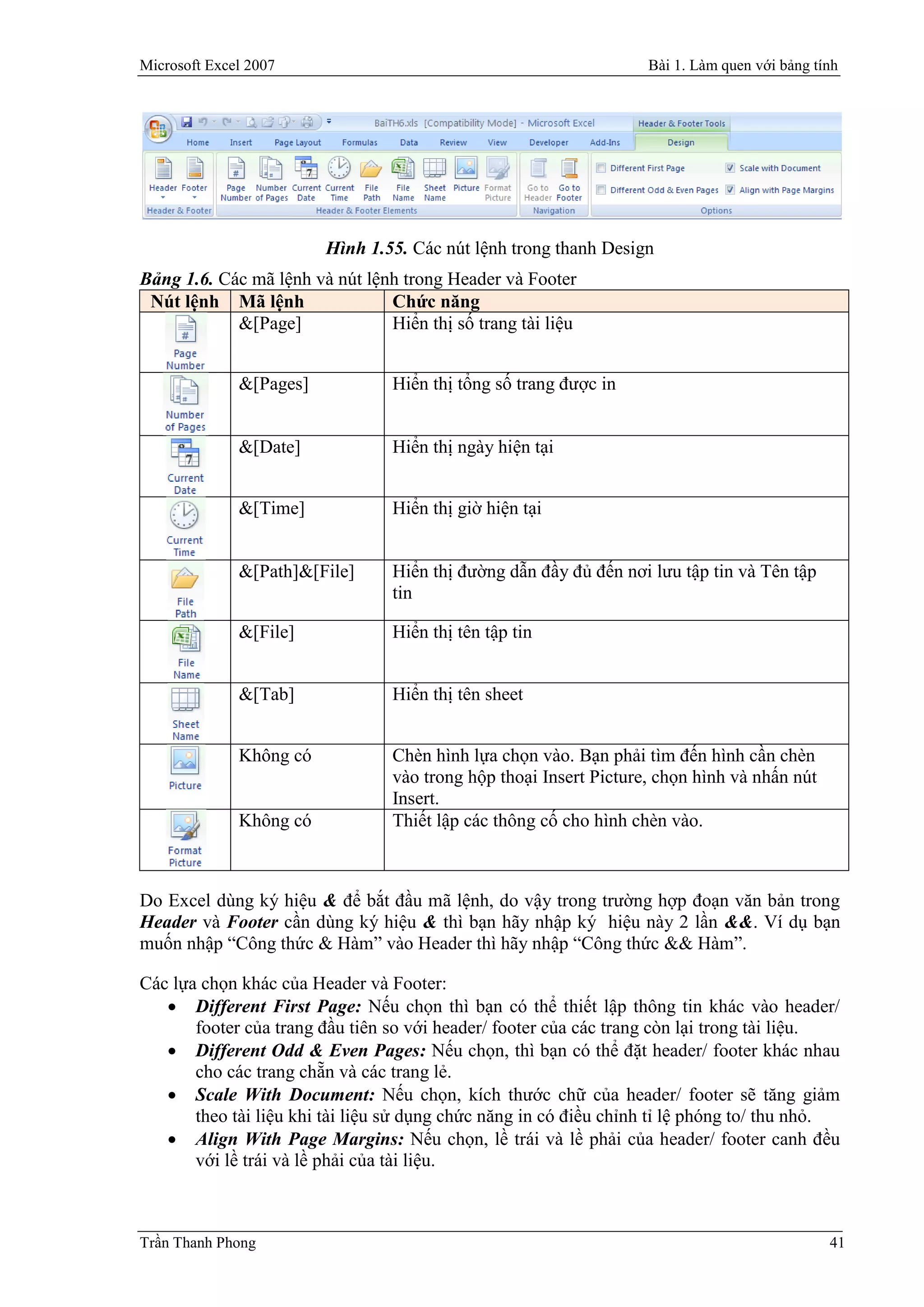 Microsoft Excel 2007                                               Bài 1. Làm quen với bảng tính




                         Hình 1.55. Các nút lệnh trong thanh Design
Bảng 1.6. Các mã lệnh và nút lệnh trong Header và Footer
 Nút lệnh Mã lệnh               Chức năng
            &[Page]             Hiển thị số trang tài liệu


              &[Pages]           Hiển thị tổng số trang được in


              &[Date]            Hiển thị ngày hiện tại


              &[Time]            Hiển thị giờ hiện tại


              &[Path]&[File]     Hiển thị đường dẫn đầy đủ đến nơi lưu tập tin và Tên tập
                                 tin

              &[File]            Hiển thị tên tập tin


              &[Tab]             Hiển thị tên sheet


              Không có           Chèn hình lựa chọn vào. Bạn phải tìm đến hình cần chèn
                                 vào trong hộp thoại Insert Picture, chọn hình và nhấn nút
                                 Insert.
              Không có           Thiết lập các thông cố cho hình chèn vào.



Do Excel dùng ký hiệu & để bắt đầu mã lệnh, do vậy trong trường hợp đoạn văn bản trong
Header và Footer cần dùng ký hiệu & thì bạn hãy nhập ký hiệu này 2 lần &&. Ví dụ bạn
muốn nhập “Công thức & Hàm” vào Header thì hãy nhập “Công thức && Hàm”.

Các lựa chọn khác của Header và Footer:
    Different First Page: Nếu chọn thì bạn có thể thiết lập thông tin khác vào header/
       footer của trang đầu tiên so với header/ footer của các trang còn lại trong tài liệu.
    Different Odd & Even Pages: Nếu chọn, thì bạn có thể đặt header/ footer khác nhau
       cho các trang chẵn và các trang lẻ.
    Scale With Document: Nếu chọn, kích thước chữ của header/ footer sẽ tăng giảm
       theo tài liệu khi tài liệu sử dụng chức năng in có điều chỉnh tỉ lệ phóng to/ thu nhỏ.
    Align With Page Margins: Nếu chọn, lề trái và lề phải của header/ footer canh đều
       với lề trái và lề phải của tài liệu.



Trần Thanh Phong                                                                              41
 