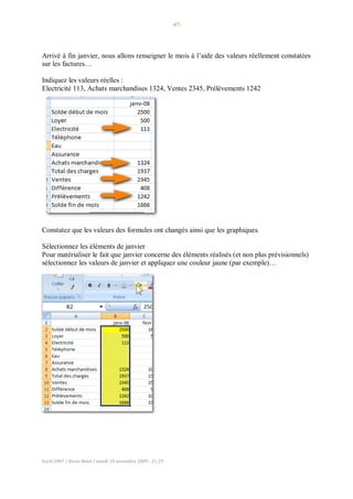 -47-
Excel 2007 / Denis Belot / mardi 10 novembre 2009 - 21:29
Arrivé à fin janvier, nous allons renseigner le mois à l’aide des valeurs réellement constatées
sur les factures…
Indiquez les valeurs réelles :
Electricité 113, Achats marchandises 1324, Ventes 2345, Prélèvements 1242
Constatez que les valeurs des formules ont changés ainsi que les graphiques.
Sélectionnez les éléments de janvier
Pour matérialiser le fait que janvier concerne des éléments réalisés (et non plus prévisionnels)
sélectionnez les valeurs de janvier et appliquez une couleur jaune (par exemple)…
 
