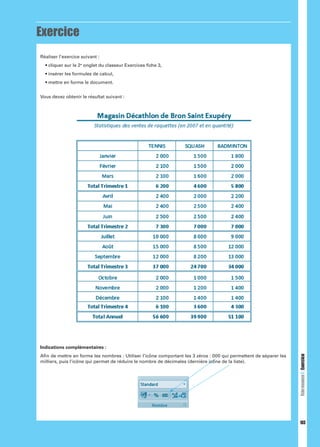 Exercice
e

onglet du classeur Exercices ﬁche 3,

Vous devez obtenir le résultat suivant :

milliers, puis l’icône qui permet de réduire le nombre de décimales (dernière icône de la liste).

Fiche ressource 3 : Exercice

Indications complémentaires :

103

 