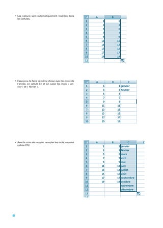 les cellules.

l’année, en cellule C1 et C2, saisir les mois « janvier » et « février ».

cellule C12.

92

 