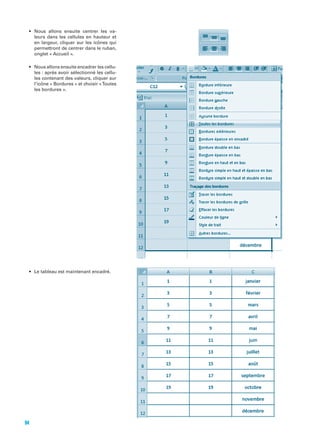 leurs dans les cellules en hauteur et
en largeur, cliquer sur les icônes qui
permettront de centrer dans le ruban,
onglet « Accueil ».
les : après avoir sélectionné les cellules contenant des valeurs, cliquer sur
l’icône « Bordures » et choisir « Toutes
les bordures ».

94

 