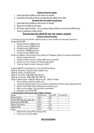 12123-

Comment faire les calculs
Faites égal dans la cellule qui doit recevoir le résultat
Introduisez la formule en faisant correspondre les cellules entre elles
Comment faire les calculs en puissance
Faites égal dans la cellule qui doit recevoir le résultat
Cliquez sur la cellule qui à la valeur
Sur clavier tapez la touche et tu aura deux chapeau effacer un et écrivez la chiffre qui se
trouve en puissance et tapez entrée.

Exercice pour les calculs de max, min, somme, moyenne
Facture et bon de livraison
I- L’entreprise de vente des matériels a établi les dossiers ci-contre détaillant ces ventes dans la journée de
Dimanche 02/03/2007
1- 12 paquets de pointe à 15000 le paquet
2- 6 tonnes de ciments à 150000 la tonne
3- 25 feuilles de tôle à 25000 la feuille
4- 18 ordinateur à 1500000 l’ordinateur
5- 14 cartons de cafés à 8000 le carton
Construire un tableau en Excel composés de cinq colonnes ( N°, Désignation, Quantité, Prix unitaire d’achat, Montant)
1- Calculer le montant de la vente
2- Formater la colonne montant en monétaire (GNF) avec trois décimales
3- Calcul le max, le min, la moyenne et le total de chaque colonne
4- Tramer les résultats en couleur rouge, gras et taille 14
II- Dans la cellule B3 : tapez Numéro de 1 à 5 puis Total, Max, Min, Moyenne
Cellule C3 : Désignation : Tomate, Riz, Viande, spaghetti, Sucre
Cellule D3 : Quantité : 50, 63, 88, 55, 96,
Cellule E3 : Prix d’achat : 12500, 6000, 2530, 458, 654
Cellule G3 : Prix de vente : 14000, 9000, 3750, 5000, 700
Cellule F3 : Montant d’achat ; Cellule H3 : Montant de vente ; Cellule I3 : Bénéfice.
1- Créer ce tableau et calculer les cellules vides
2- Formater les colonnes montant et prix en monétaire symbole ($) et les chiffres en gras italiques de taille 12
3- Calculer le Total, le Max, le Min et la Moyenne puis mettez les en gras
4- Donnez ce titre au tableau "Liste des produits consommables"
5- Sauvegardez par le 16 Août 2007
III- Soit les factures de fournitures dans le tableau ci-dessous
Articles
Prix Hors Taxe
Taux TVA %
Prix tout taxe
Boité de 10 Stylos
3,50 є
19,6
Ramette 500 feuilles papier blanc 80 g
4,6 є
7,6
Agenda scolaire 2003/2004
5,70 є
8,7
Classeur Grand format
9,9 є
3,75
Téléphone Nokia
10,8 є
4,5
Lecteur
3,4 є
2,75
1- Calculer le Prix tout taxe (PTT) de chaque article
2- Faites la mise en forme du tableau
NOTE DE RESTAURANT

 